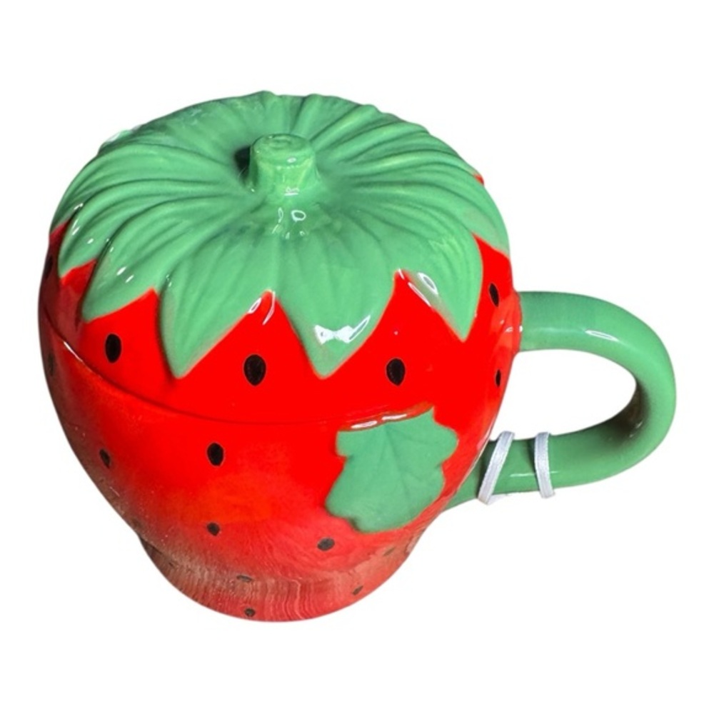 LANG Strawberry Shaped Mug with Lid Hand Painted Strawberries 24 oz - Picture 2 of 4